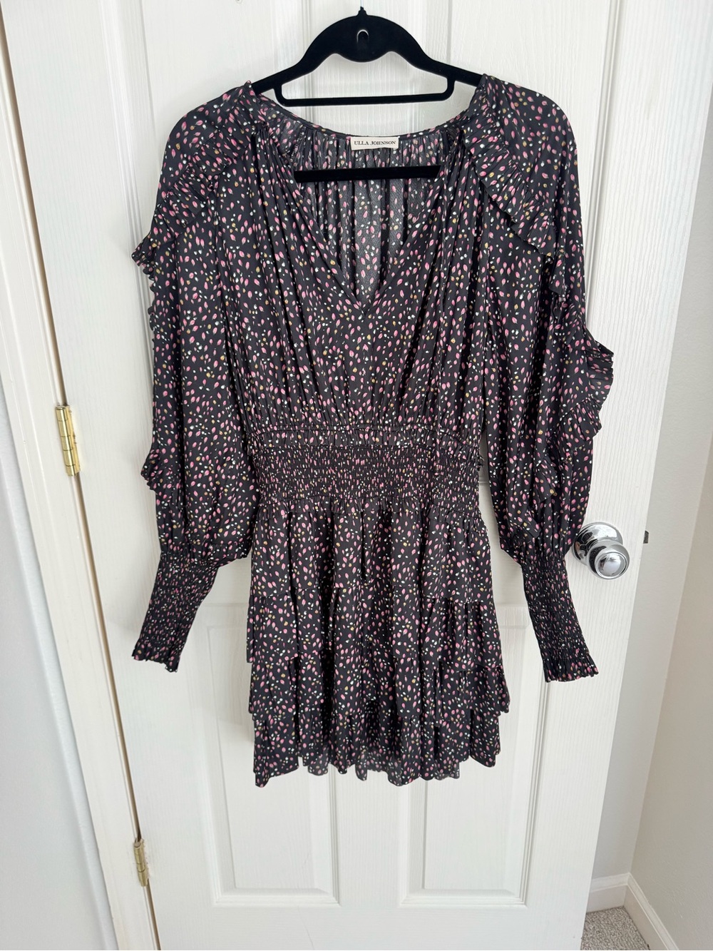 Ulla Johnson Black Mini Dress with Pink and Cream Speckle Print